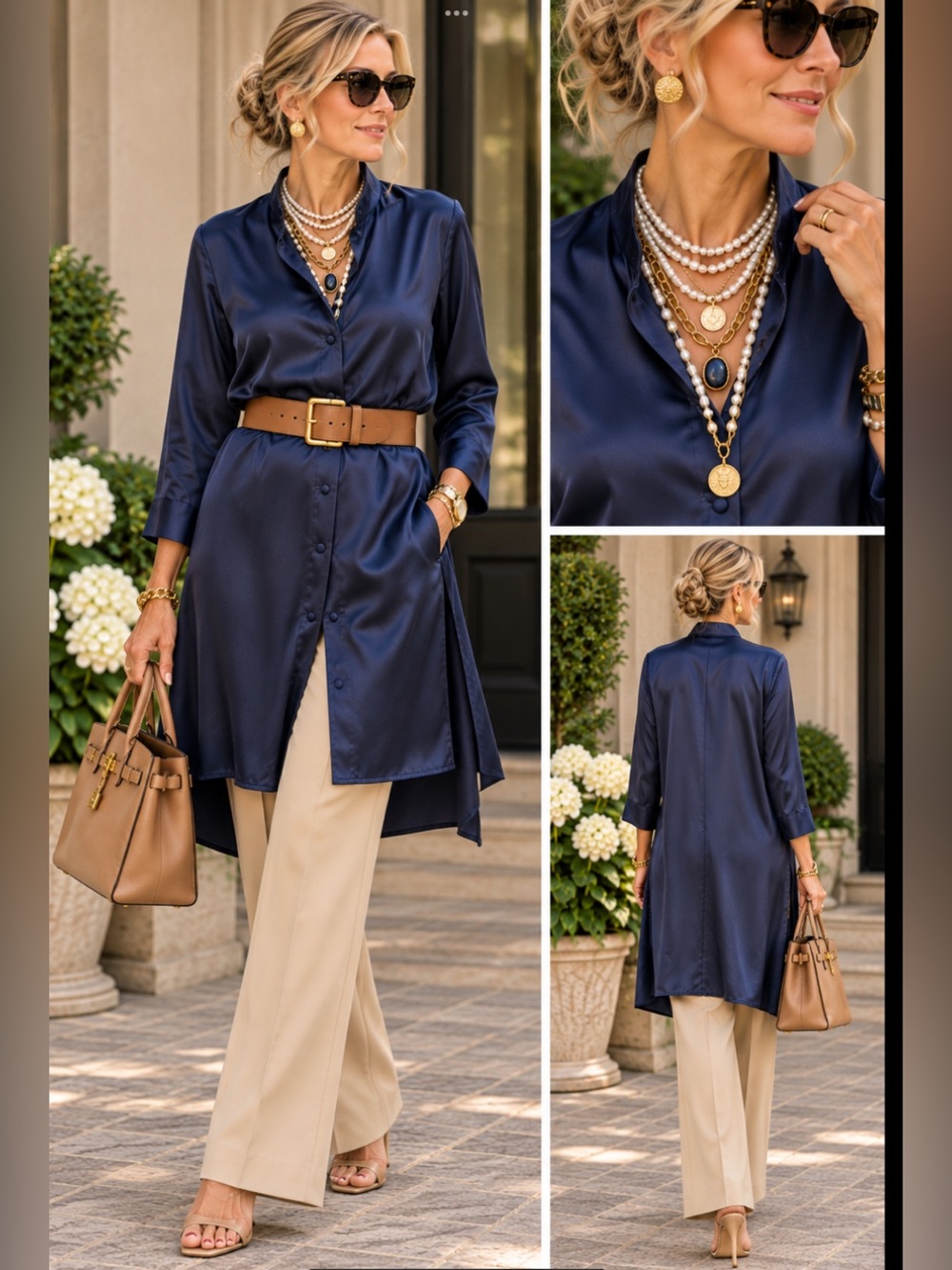 Diane Gilman 100% Silk Navy Longline Tunic Blouse Mandarin Collar Quiet Luxury